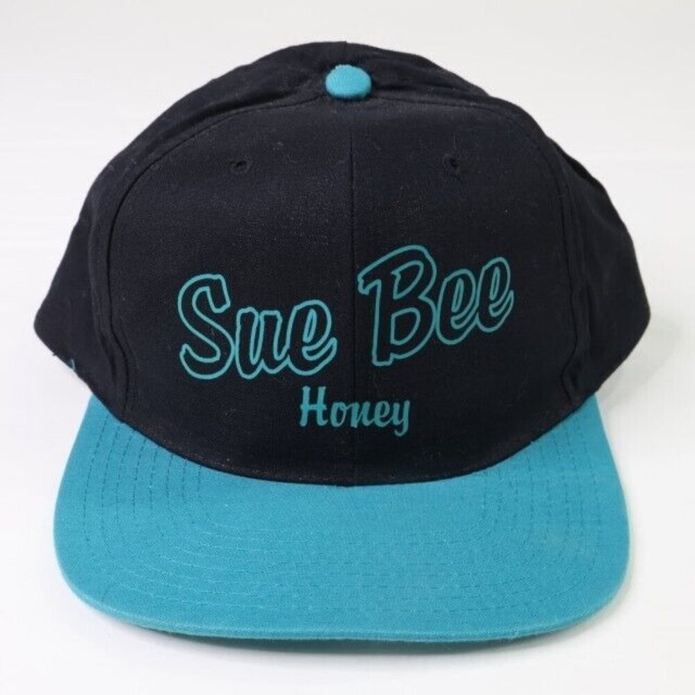 Sue Bee Honey Snap Back Baseball Cap Mens Hat Teal Black